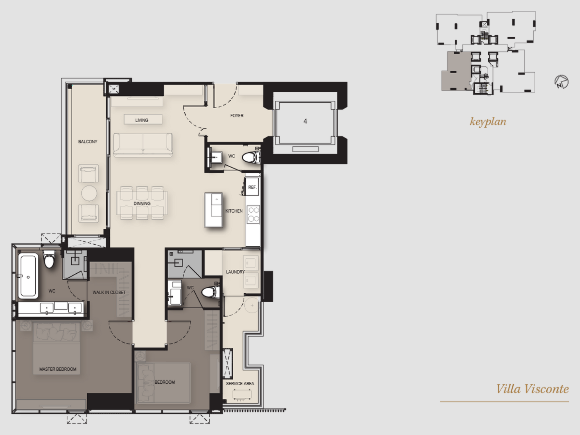 Architectural floor plan of Residence 2A showing open living dining kitchen, balcony, two ensuite bedrooms, laundry and private lift lobby